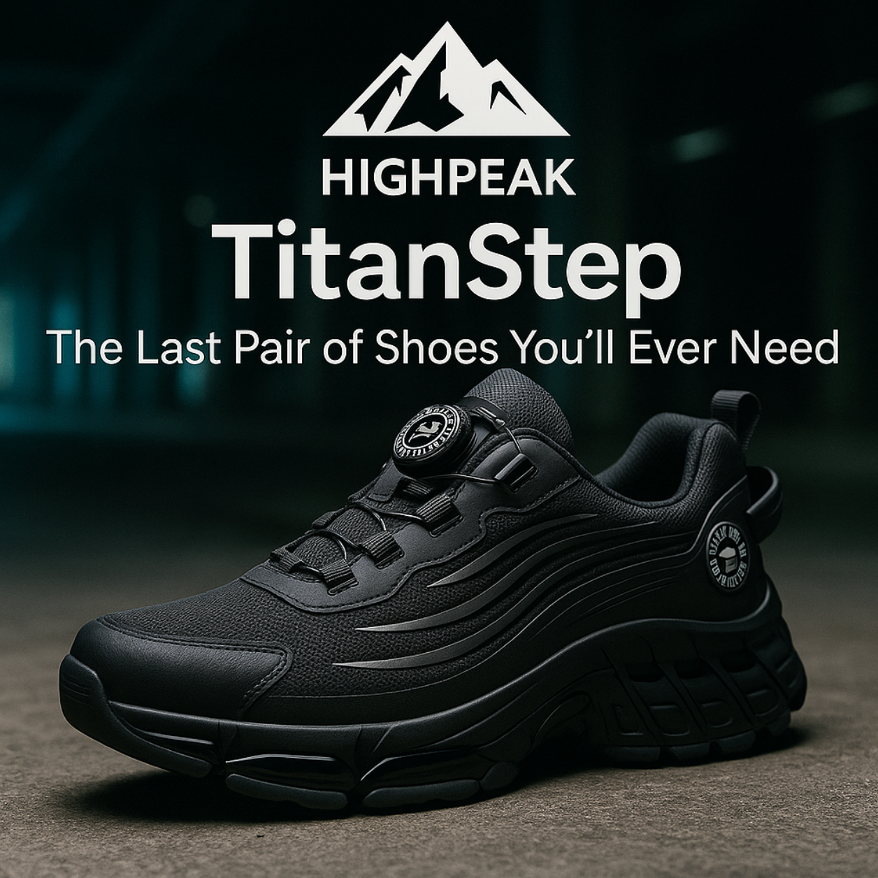 HighPeak TitanStep black safety shoes with dial system and rugged sole design displayed on dark background
