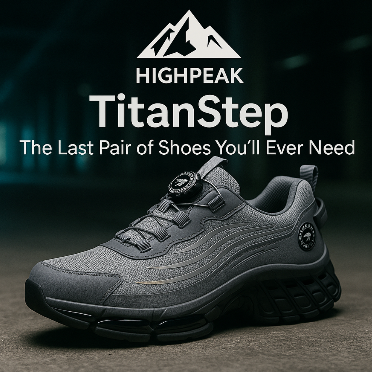HighPeak TitanStep safety shoe in charcoal gray featuring dial-fit system and steel toe protection on textured surface