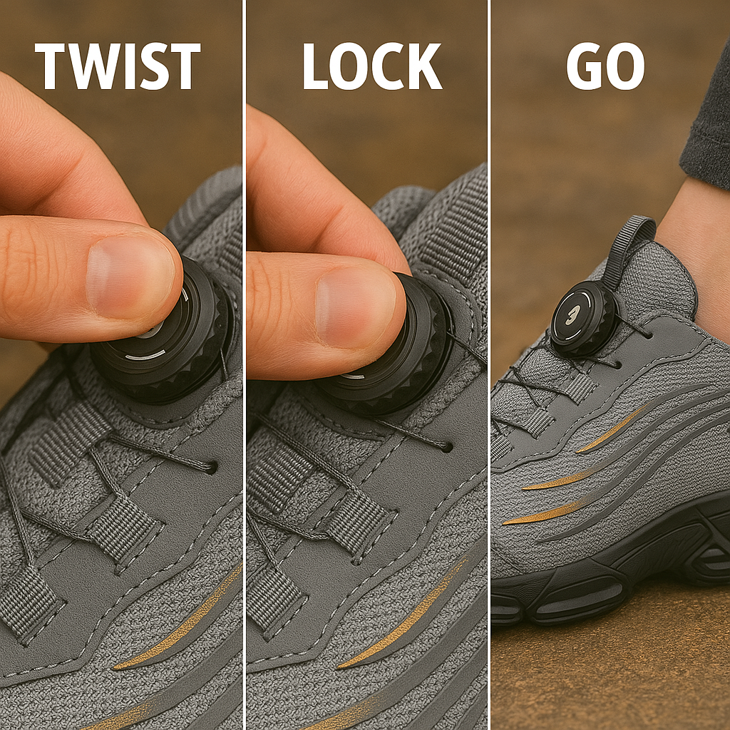 TitanStep Shoes dial-lock system demonstration in gray sneakers with gold accents showing twist, lock, and wear steps