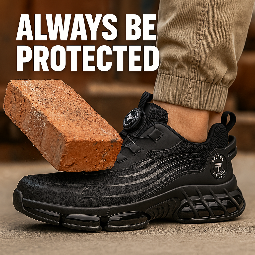 TitanStep black safety shoes with dial system shown resisting brick impact - protective work footwear demonstration