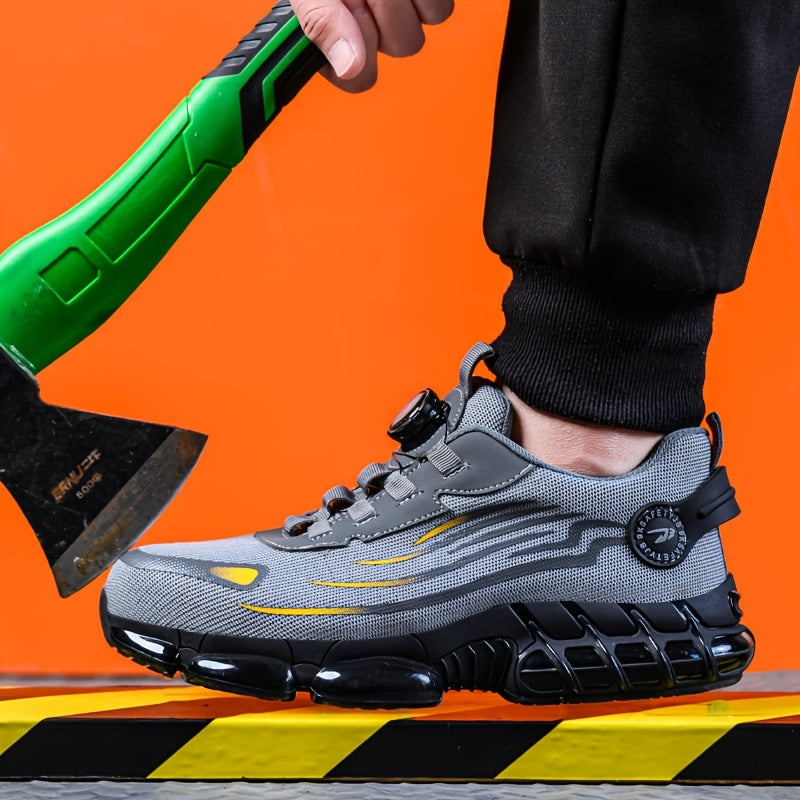 TitanStep safety shoes in gray with dial-fit system and steel toe cap on orange background - industrial protective footwear