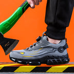 TitanStep safety shoes in gray with dial-fit system and steel toe cap on orange background - industrial protective footwear