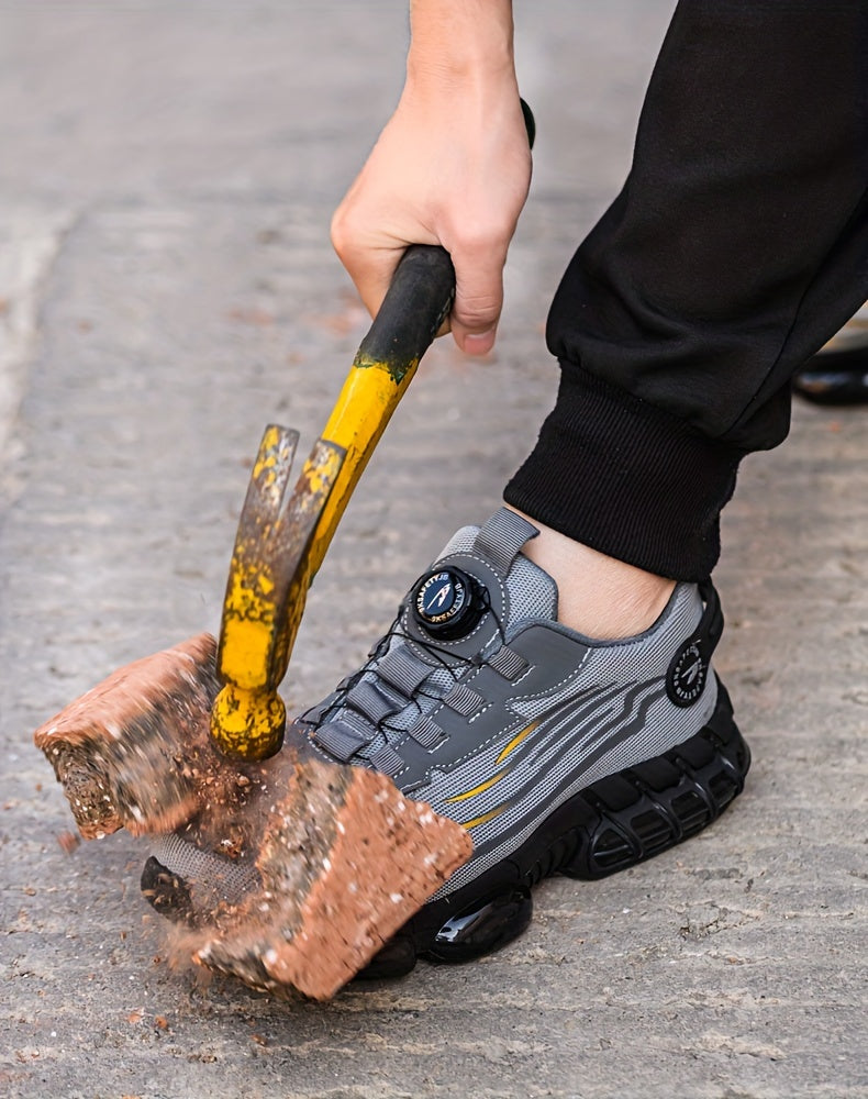 TitanStep safety shoes in gray with dial-fit system demonstrating impact resistance against construction debris
