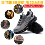 TitanStep safety shoes in gray with dial-fit system shown with work scenarios including welding, construction and climbing