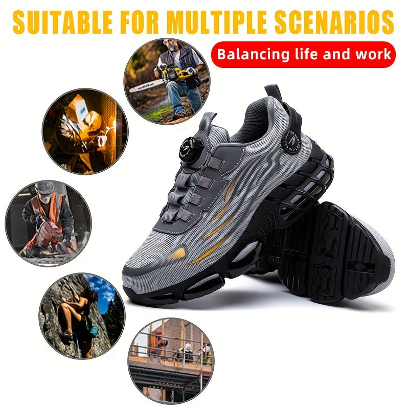 TitanStep safety shoes in gray with dial-fit system shown with work scenarios including welding, construction and climbing