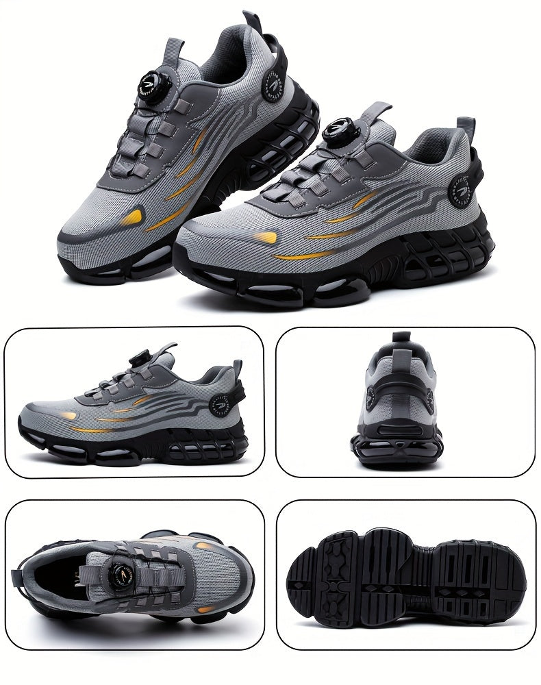 TitanStep safety shoes in gray with yellow accents featuring dial-fit system and reinforced toe cap on white background