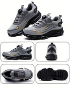 TitanStep safety shoes in gray with yellow accents featuring dial-fit system and reinforced toe cap on white background