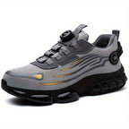 TitanStep shoes in gray and black with dial-fit system, mesh upper, yellow accents and chunky protective sole design