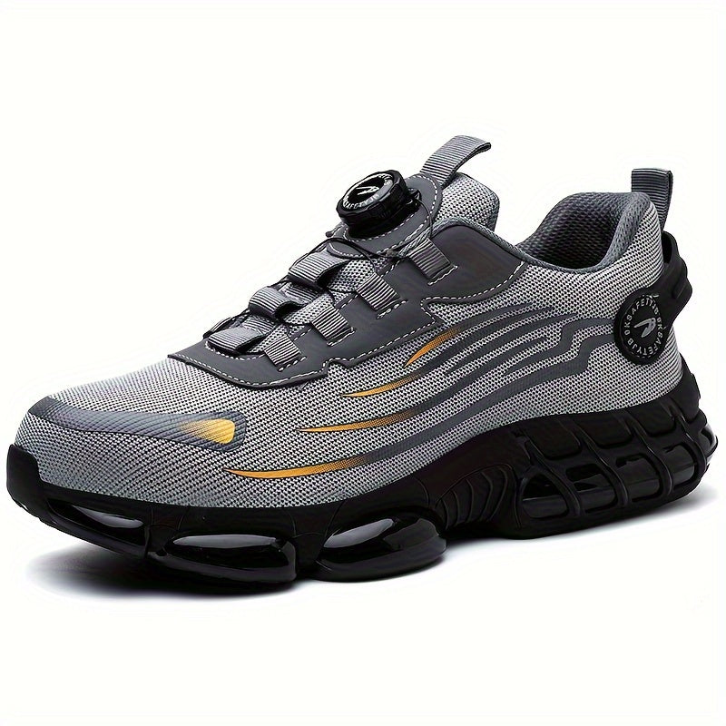 TitanStep shoes in gray and black with dial-fit system, mesh upper, yellow accents and chunky protective sole design