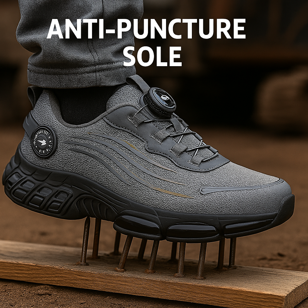 TitanStep shoes with grey anti-puncture sole demonstrating nail resistance on wooden platform - safety footwear protection