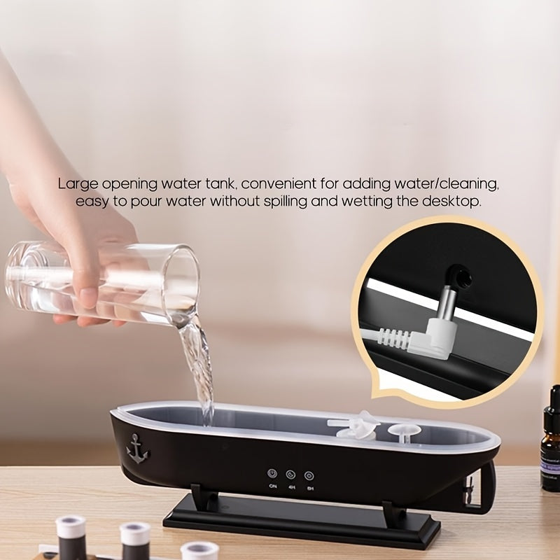TitanicMist aromatherapy diffuser in black with large water tank opening and LED controls - ship-shaped humidifier design