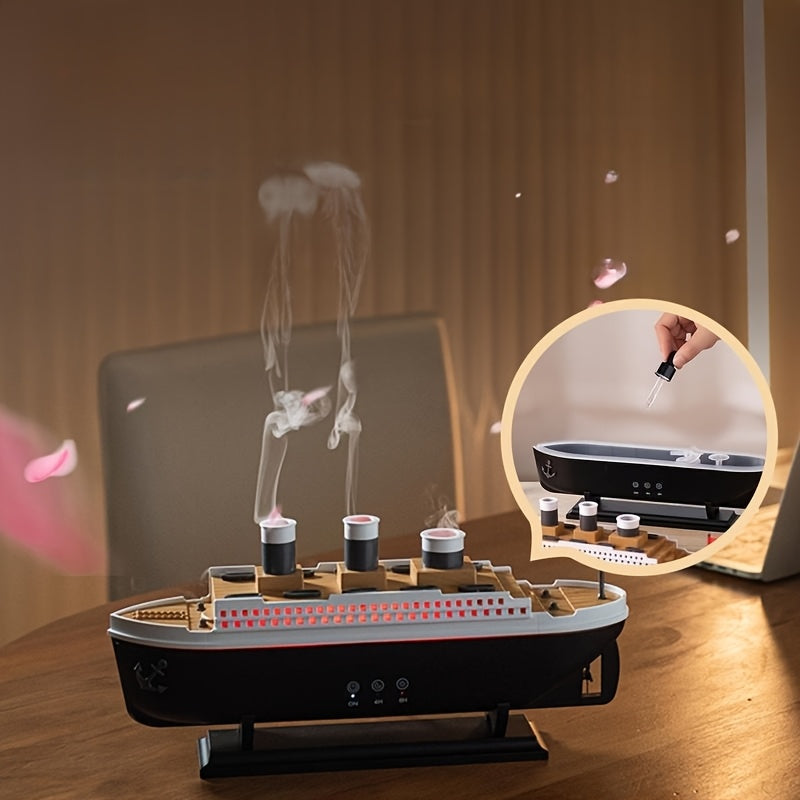 TitanicMist aromatherapy diffuser with steam rising from three smokestacks, shown with inset image of filling reservoir - luxury boat design