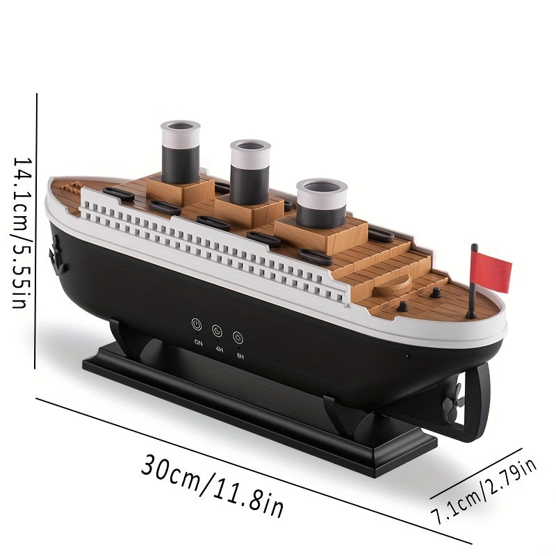 TitanicMist diffuser shaped like luxury liner with three smokestacks, wooden deck details and black hull on display stand