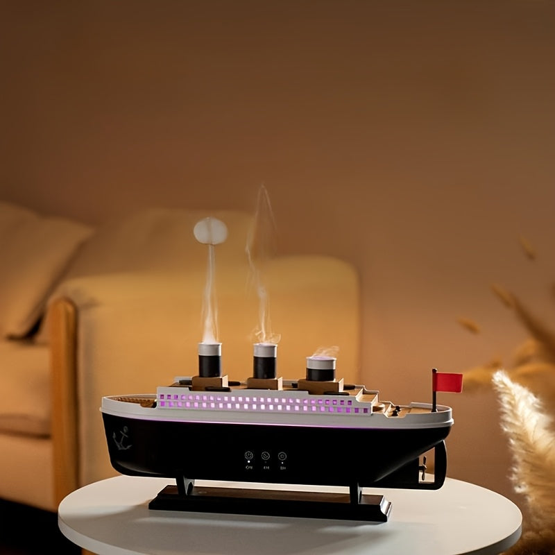 TitanicMist diffuser with LED lights and active steam from smokestacks on white table - ship-shaped aromatherapy display