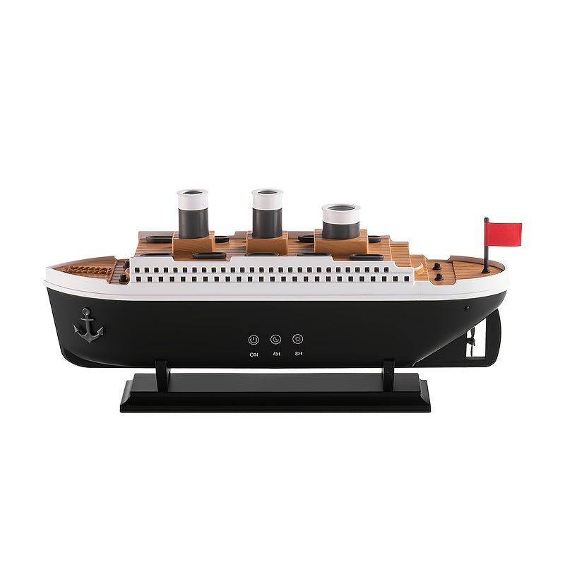 TitanicMist luxury diffuser model with black hull, white deck, three smokestacks, and red flag on display stand – ship-shaped humidifier