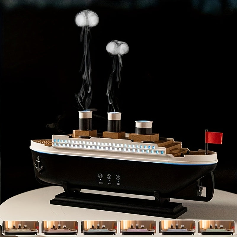TitanicMist luxury diffuser with steaming smokestacks and LED lights - boat-shaped humidifier in classic black and white design