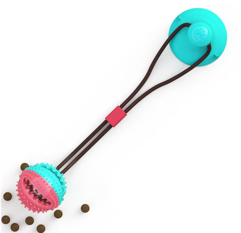 Tug-of-War Toy featuring turquoise and pink textured ball ends connected by black straps, perfect for interactive dog play