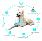 Tug-of-War Toy with blue suction cup base and red ball featuring multiple pet benefits, shown with white dog demonstration