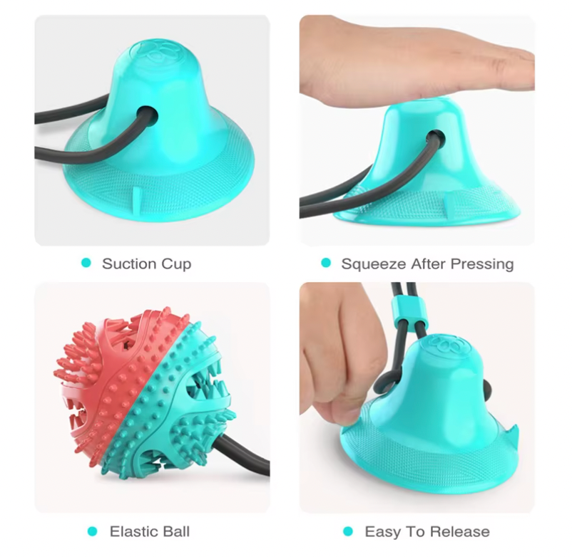 Tug-of-War Toy with turquoise suction cup base and red-blue textured ball - interactive dog toy demonstrating suction and squeeze features
