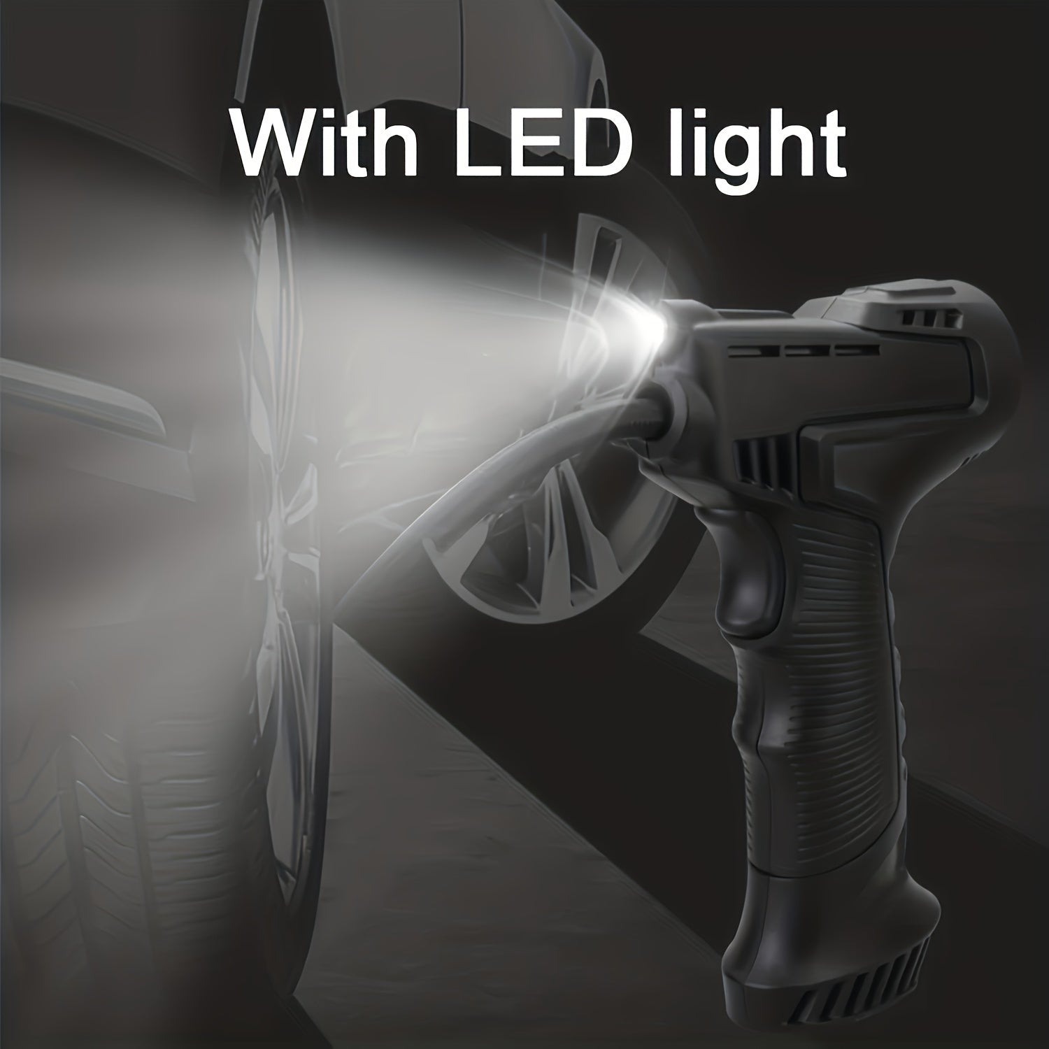 TurboCharge Digital Tire Inflator illuminating car tire with bright LED light in dark setting – portable emergency pump feature