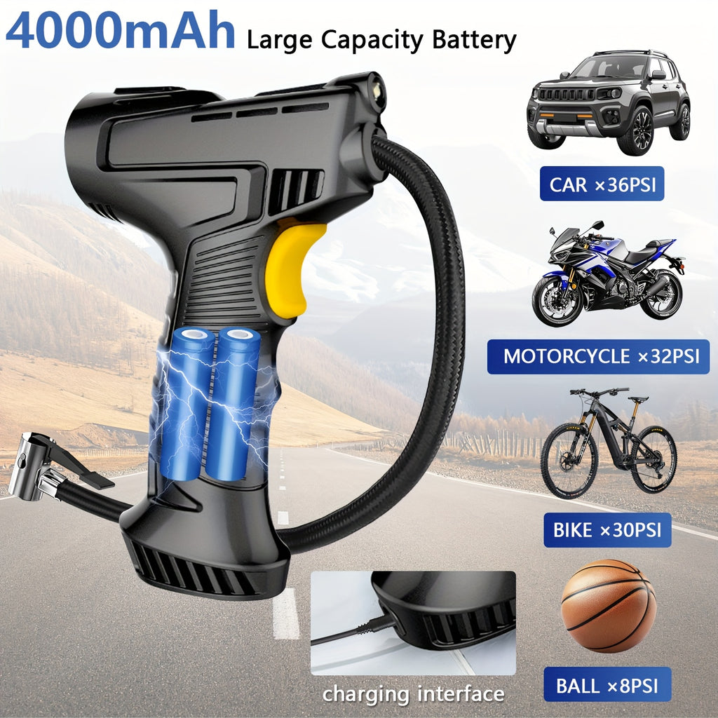 TurboCharge Digital Tire Inflator in black and yellow with flexible hose and LED display, showing 4000mAh battery capacity