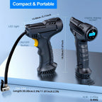 TurboCharge Digital Tire Inflator in black with LED light and LCD display showing compact handheld design with gas tube
