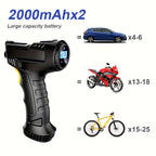 TurboCharge Digital Tire Inflator shown in black with LCD display, demonstrating battery capacity for cars, motorcycles and bikes