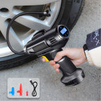 TurboCharge Digital Tire Inflator shown in black with LED display, inflating car tire with included nozzle attachments