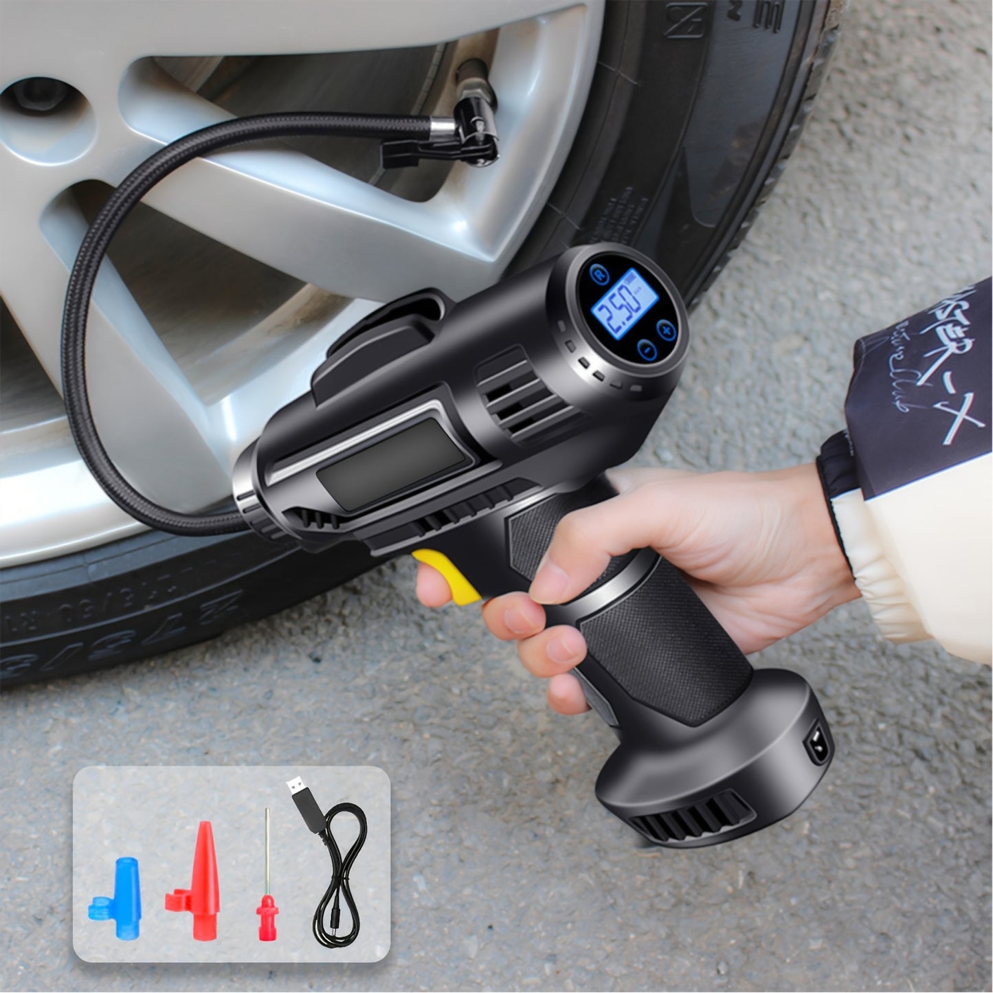 TurboCharge Digital Tire Inflator shown in black with LED display, inflating car tire with included nozzle attachments