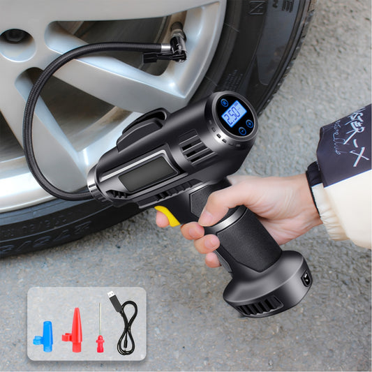 TurboCharge Digital Tire Inflator shown in black with LED display, inflating car tire with included nozzle attachments