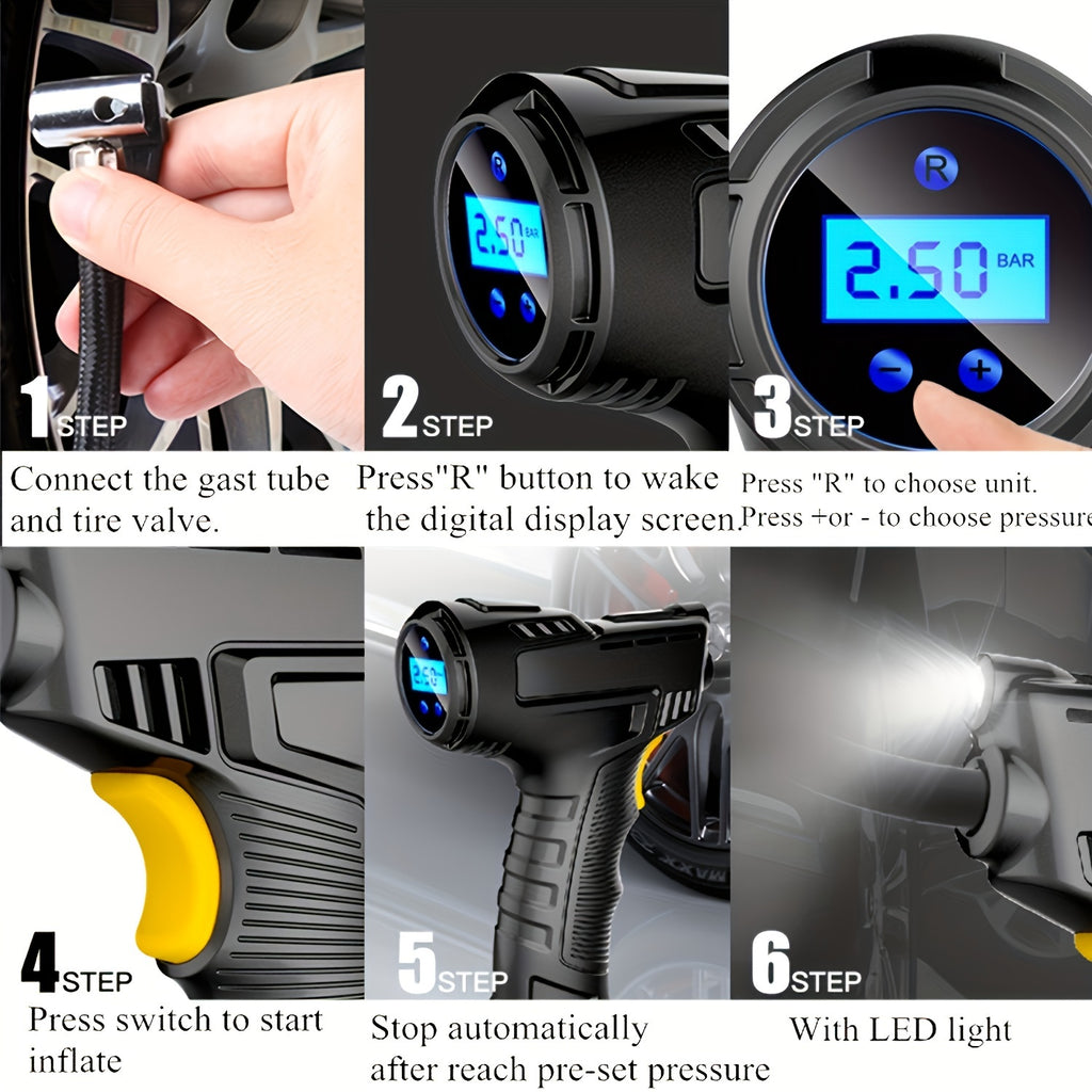 TurboCharge Digital Tire Inflator shown in steps: connecting valve, LCD display, pressure settings, and LED light feature