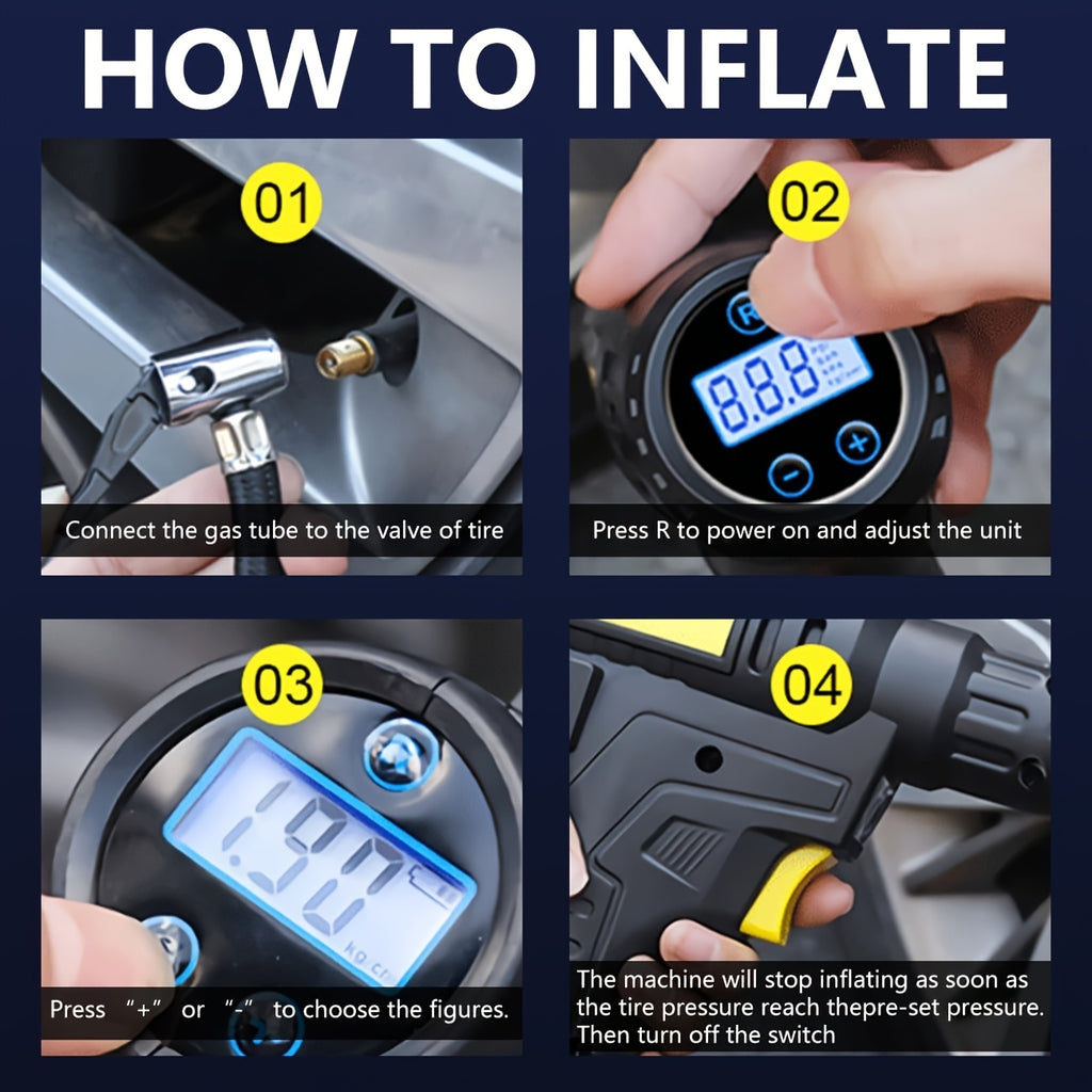TurboCharge Digital Tire Inflator tutorial showing step-by-step inflation process with LCD display and valve connection on black background
