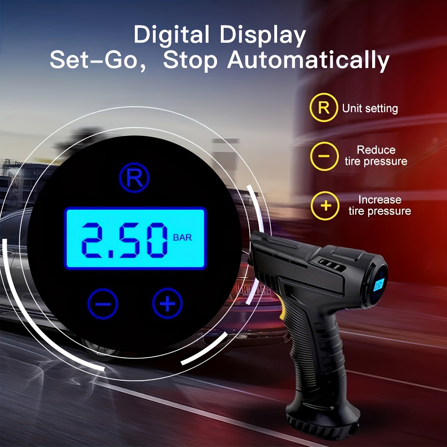 TurboCharge Digital Tire Inflator with blue LCD display showing pressure reading and black pistol-grip design – portable air pump