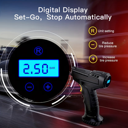 TurboCharge Digital Tire Inflator with blue LCD display showing pressure reading and black pistol-grip design – portable air pump