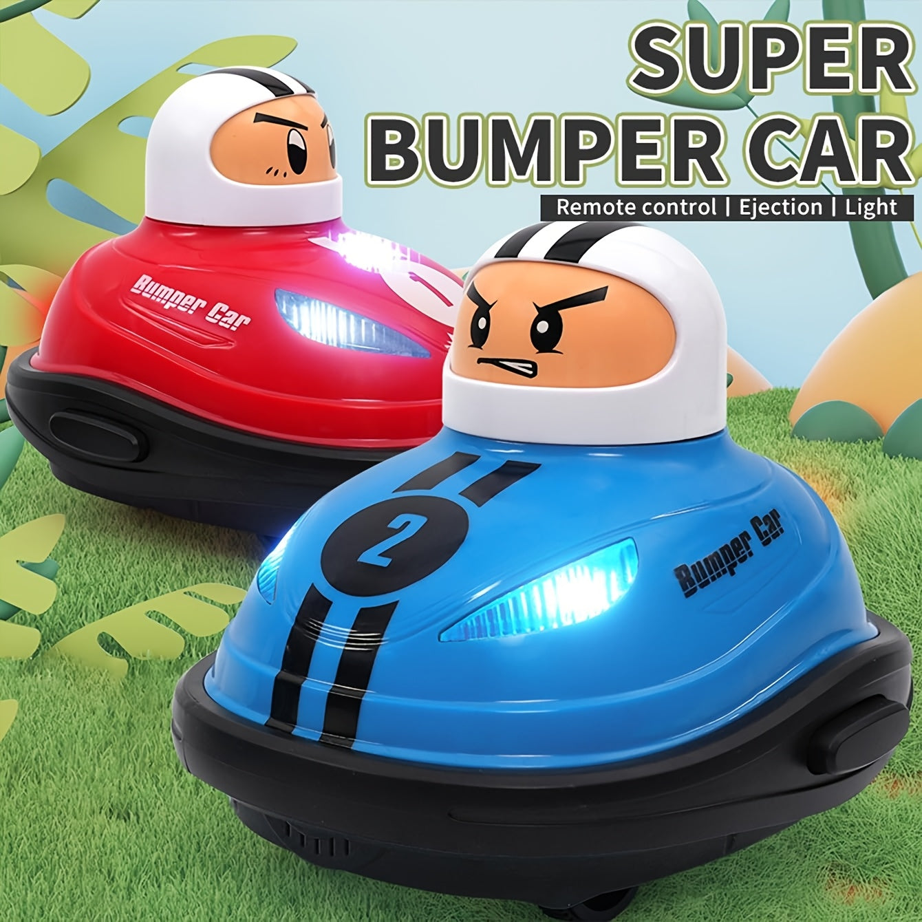 Two RC Bumper Cars in red and blue with LED lights and cartoon drivers displayed on grass background