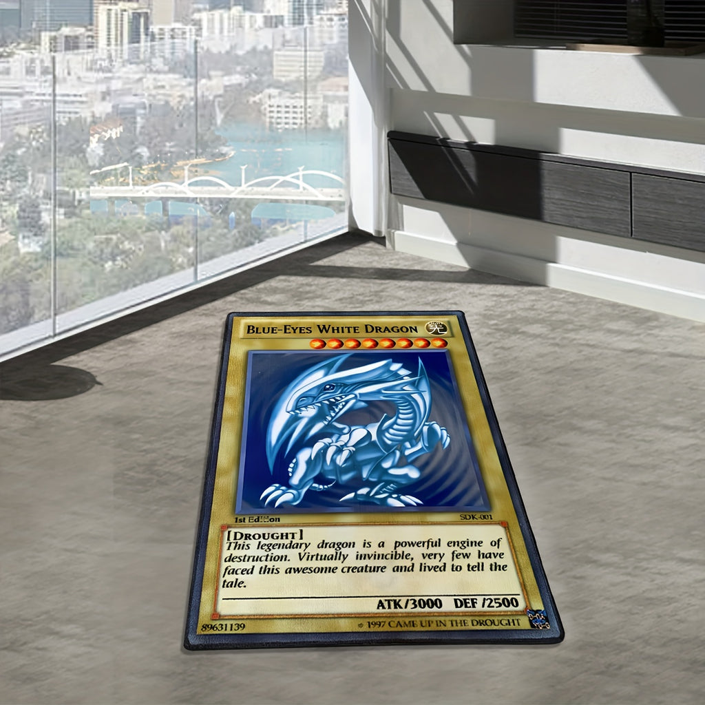 Ultimate Anime Gaming Rug featuring Blue-Eyes White Dragon card design on gray floor with city view window - collector area rug