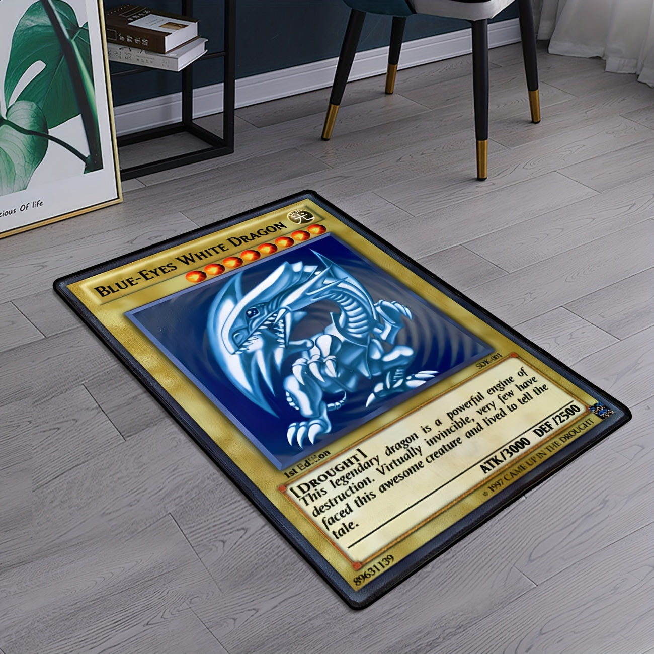 Ultimate Anime Gaming Rug featuring Blue-Eyes White Dragon card design on gray flooring - nostalgic gaming decor