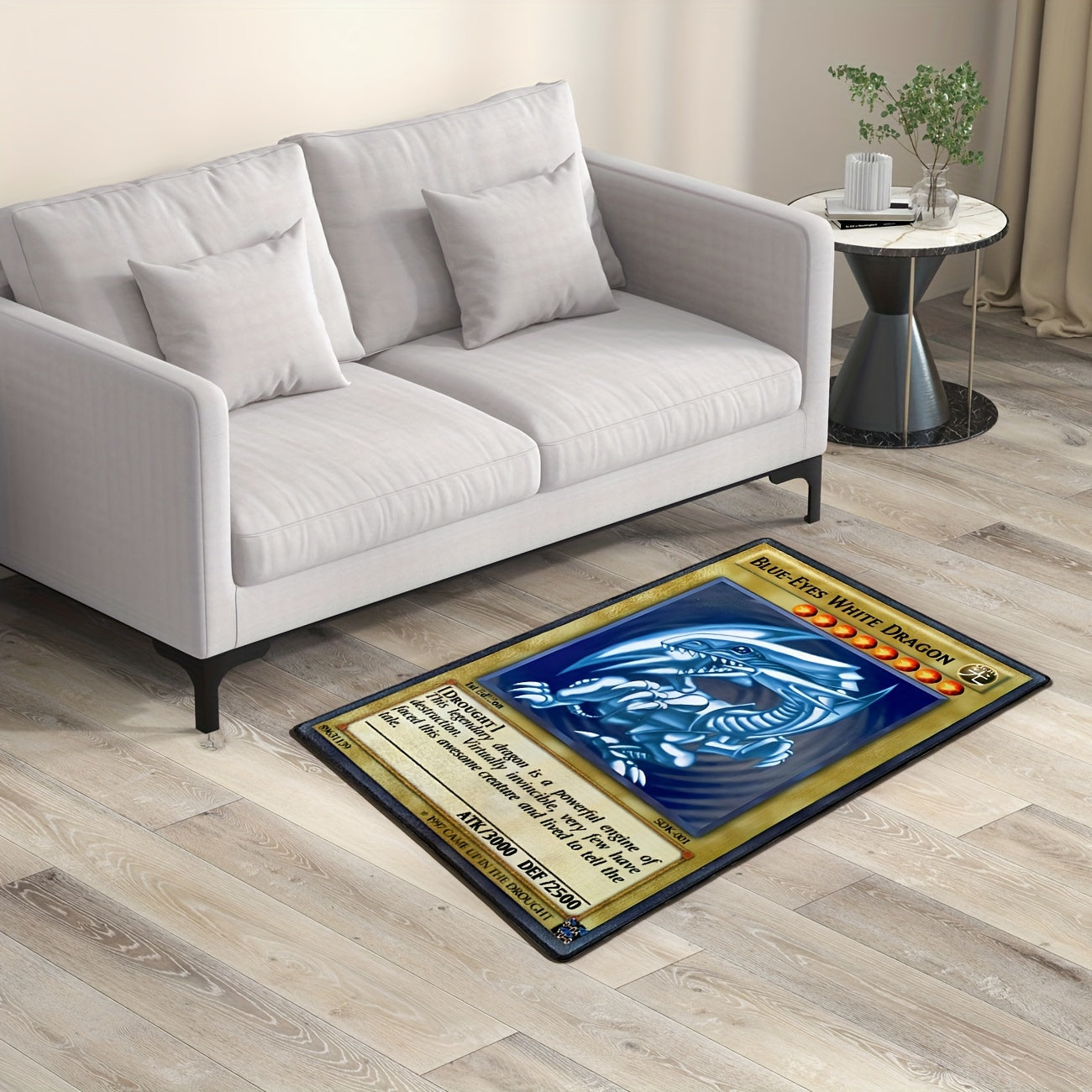 Ultimate Anime Gaming Rug featuring Blue-Eyes White Dragon card design on hardwood floor next to white modern sofa and side table