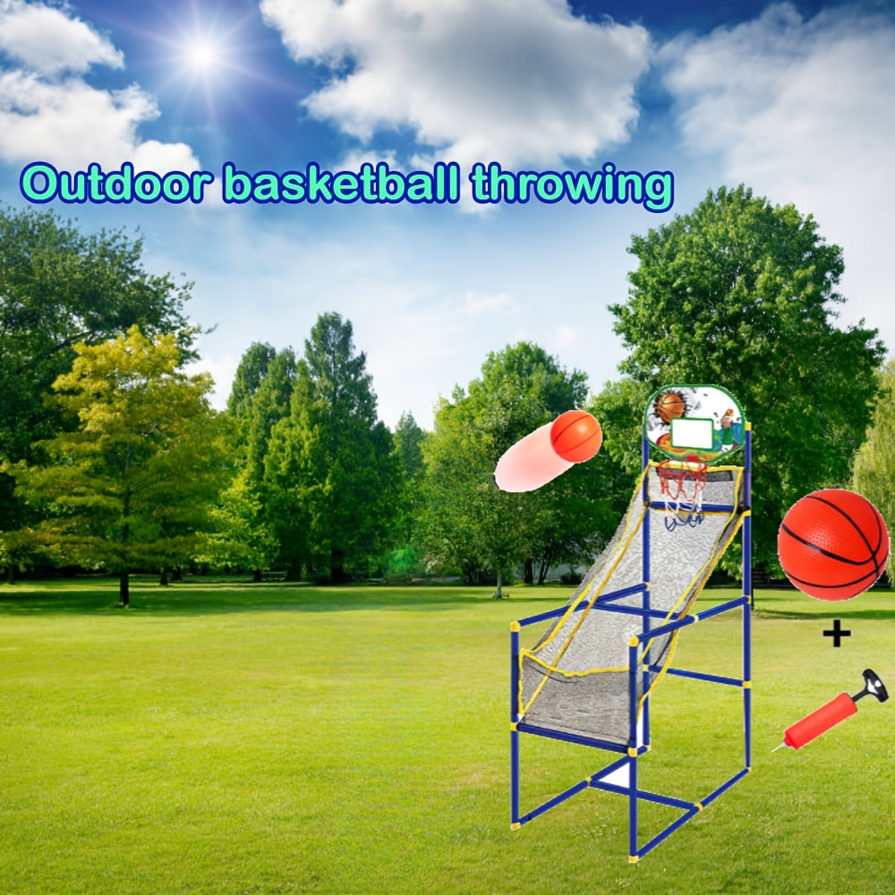 Ultimate Indoor/Outdoor Basketball Hoop Set displayed in sunny backyard setting with blue frame and adjustable net on green lawn