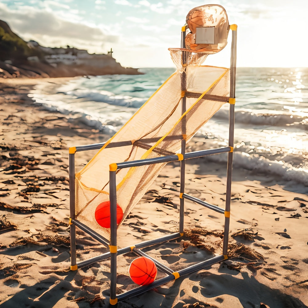 Ultimate Indoor/Outdoor Basketball Hoop Set with mesh ramp and adjustable frame on sandy beach at sunset, orange basketballs