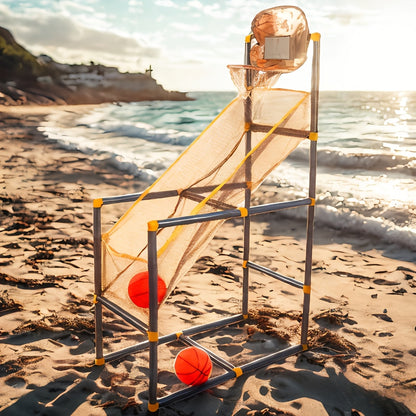 Ultimate Indoor/Outdoor Basketball Hoop Set with mesh ramp and adjustable frame on sandy beach at sunset, orange basketballs