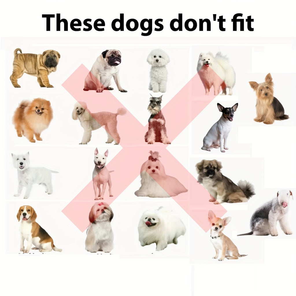 Various dog breeds shown with 'X' mark indicating size incompatibility for Lion Mane Dog Costume - sizing guide