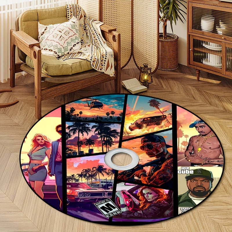 ViceCity Disc Rug featuring retro gaming artwork with sunset beach scenes, classic cars, and characters in vibrant orange and blue tones