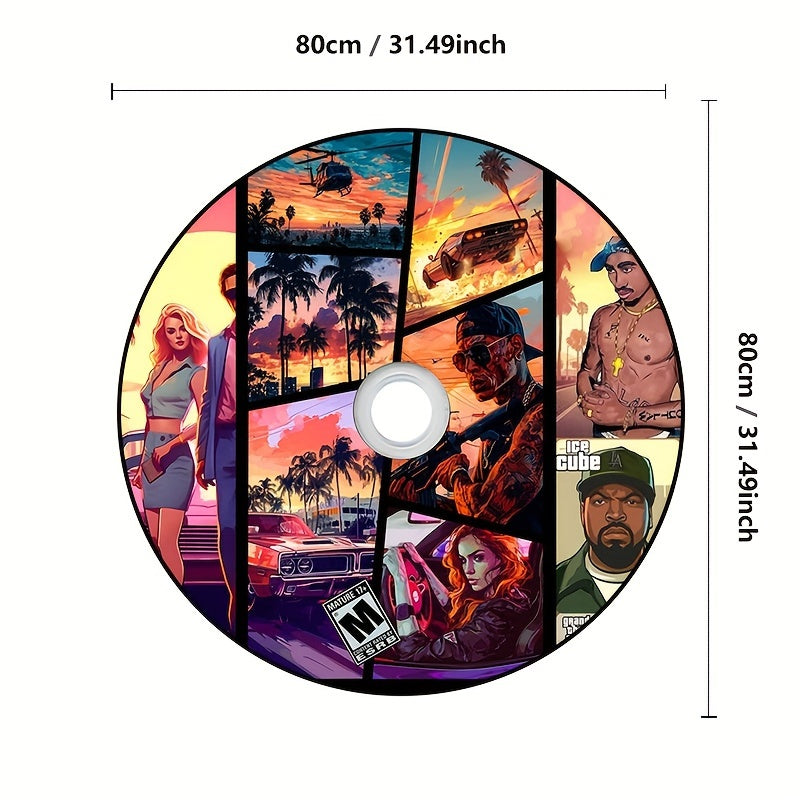 ViceCity Disc Rug featuring retro gaming artwork with sunset cityscape, palm trees, and action scenes in vibrant orange and teal colors