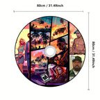 ViceCity Disc Rug featuring retro gaming artwork with sunset cityscape, palm trees, and action scenes in vibrant orange and teal colors