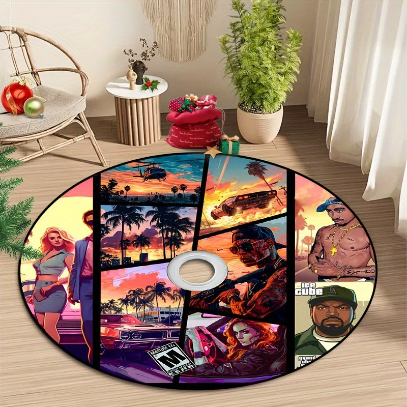 ViceCity Disc Rug featuring retro gaming scenes with sunset palm trees, classic cars, and stylized artwork on round rug in living room setting