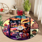 ViceCity Disc Rug featuring retro gaming scenes with sunset palm trees, classic cars, and stylized artwork on round rug in living room setting