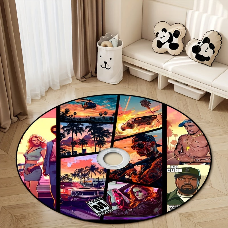 ViceCity Disc Rug featuring vibrant gaming scenes with sunset cityscape, palm trees, and action-packed car chases on round design