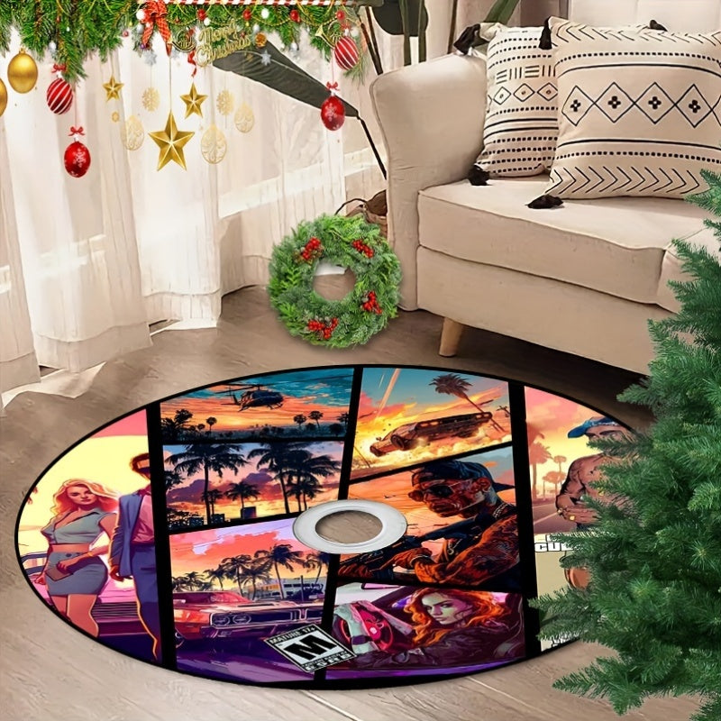 ViceCity Disc Rug featuring vibrant sunset scenes with palm trees and retro gaming artwork in circular design on cozy living room floor