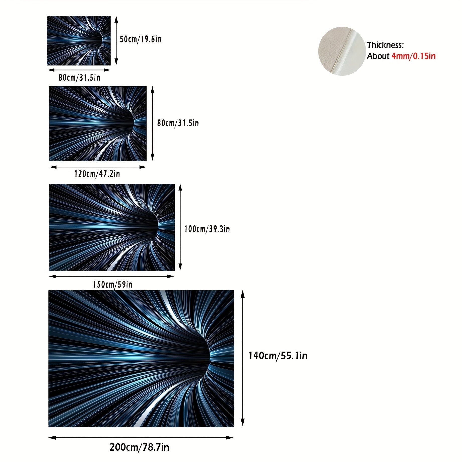 VoidVortex 3D Illusion Rug dimensions chart showing spiral black hole design in blue and black with size options and thickness details